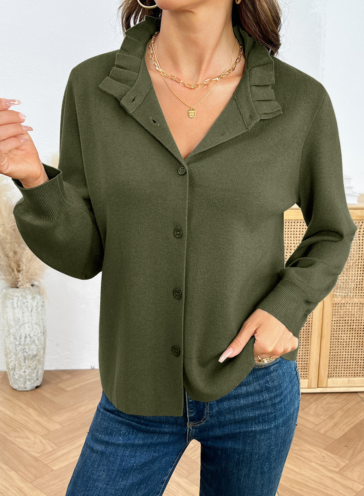 Dokotoo Cardigan Sweaters for Women Long Sleeve Stand Collar Ruffle Button Down Cardigans