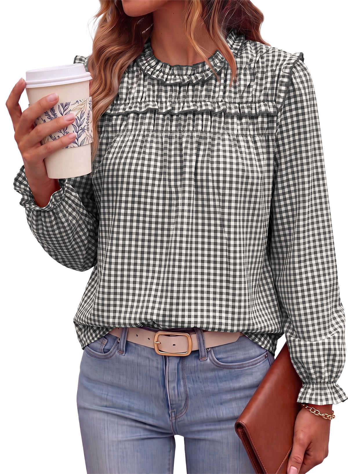 Dokotoo Gingham Long Sleeve Shirts for Women Cotton Babydoll Tops