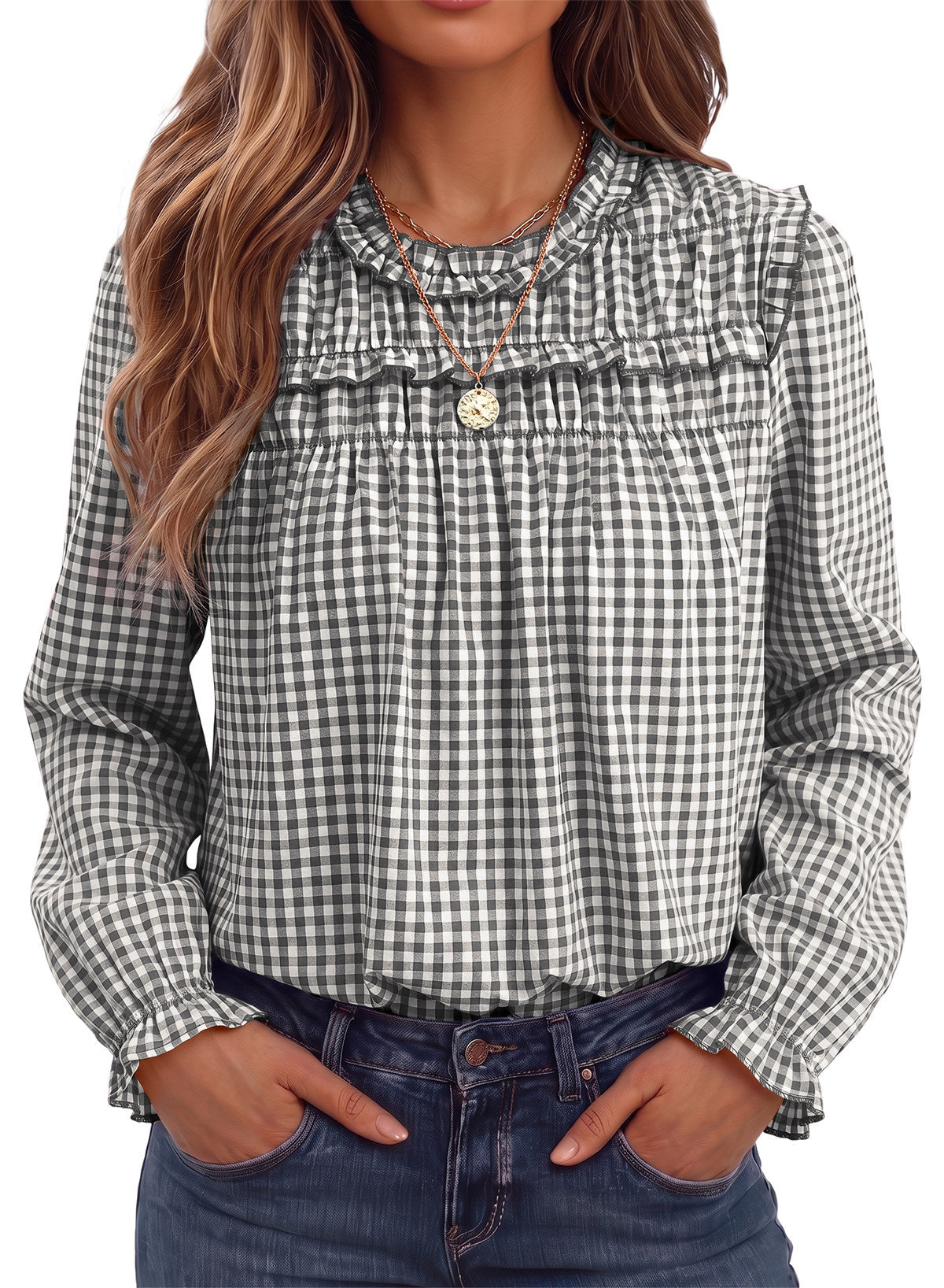 Dokotoo Gingham Long Sleeve Shirts for Women Cotton Babydoll Tops
