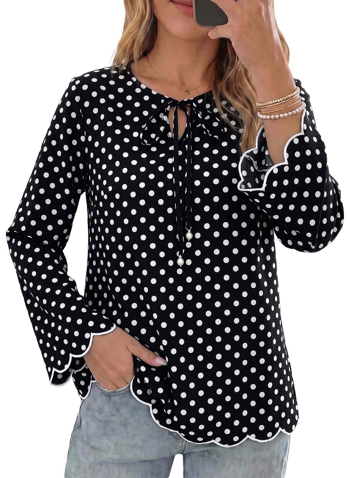 Dokotoo Blouses for Women Bell Long Sleeve Scalloped Trim Tunic Tops