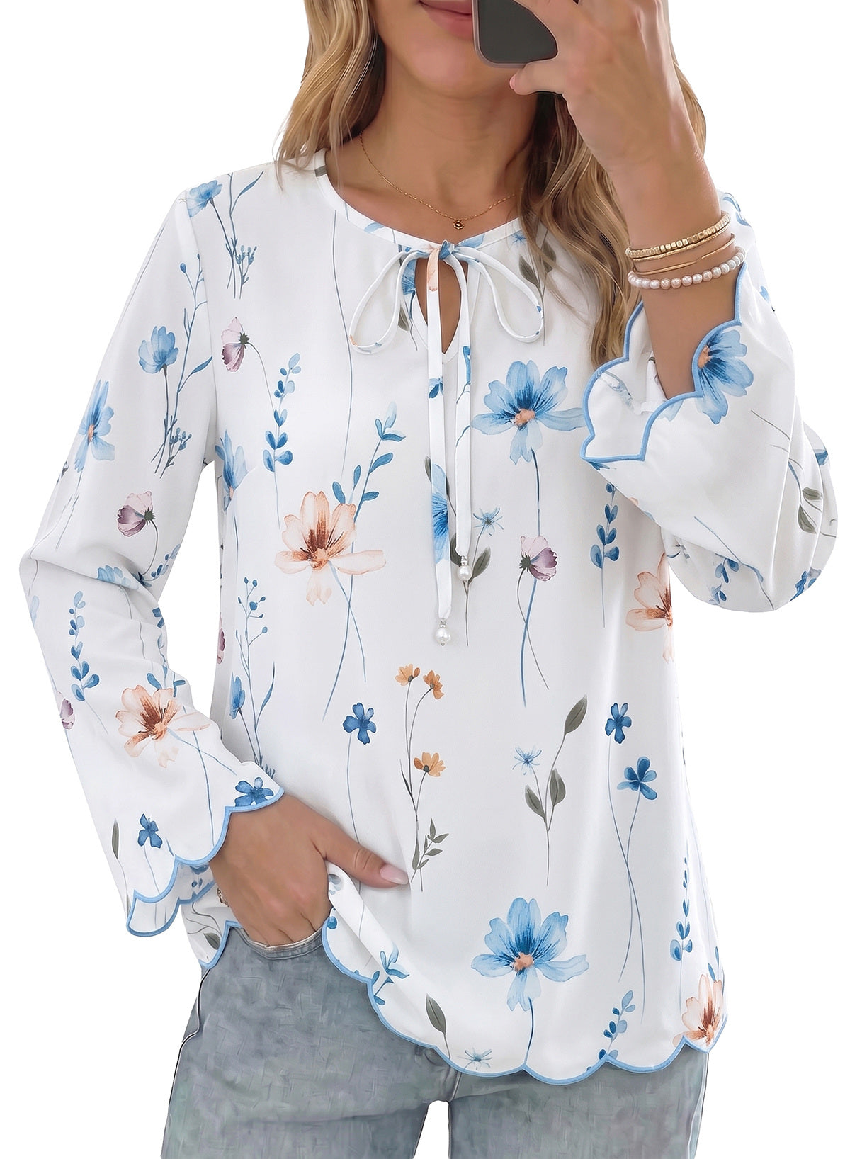 Dokotoo Blouses for Women Bell Long Sleeve Scalloped Trim Tunic Tops