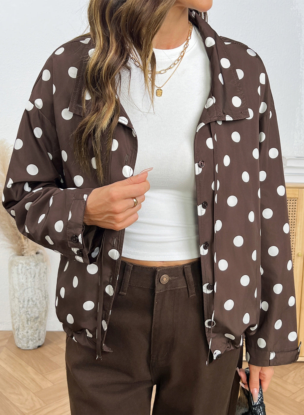 Dokotoo Womens Cropped Jacket Drawstring Zip Up Polka Dot Oversized Coats