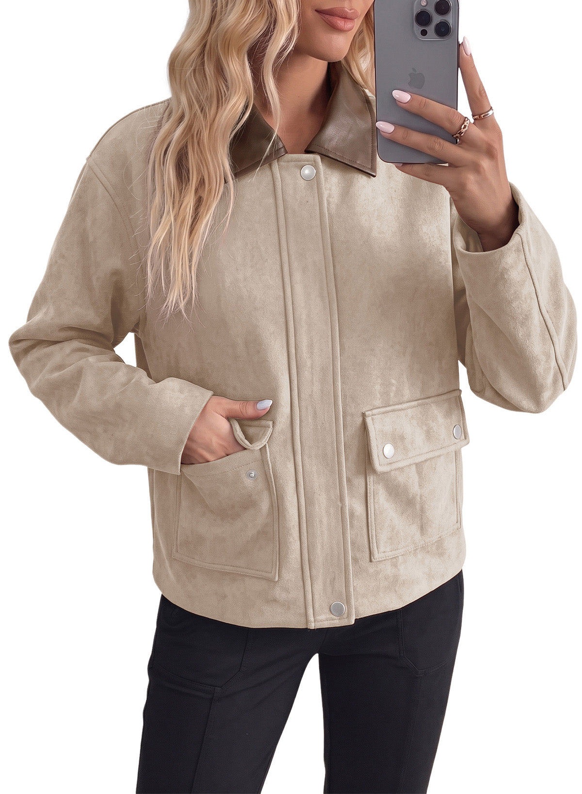 Dokotoo Womens Cropped Jacket 2026 Fall Collar Zip Button Coat with Pockets