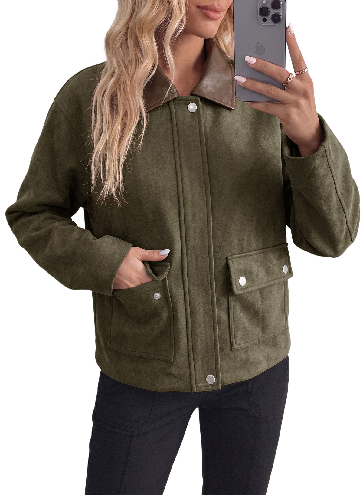 Dokotoo Womens Cropped Jacket 2026 Fall Collar Zip Button Coat with Pockets