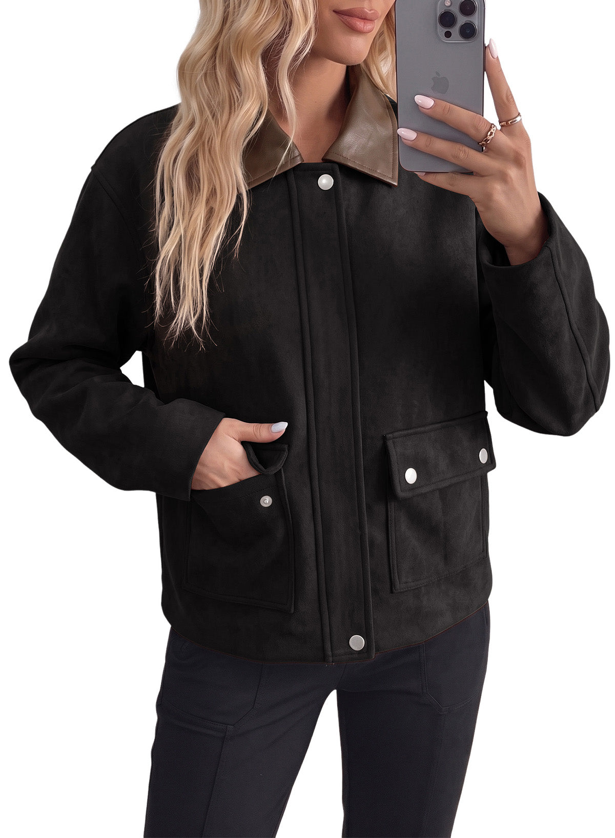 Dokotoo Womens Cropped Jacket 2026 Fall Collar Zip Button Coat with Pockets