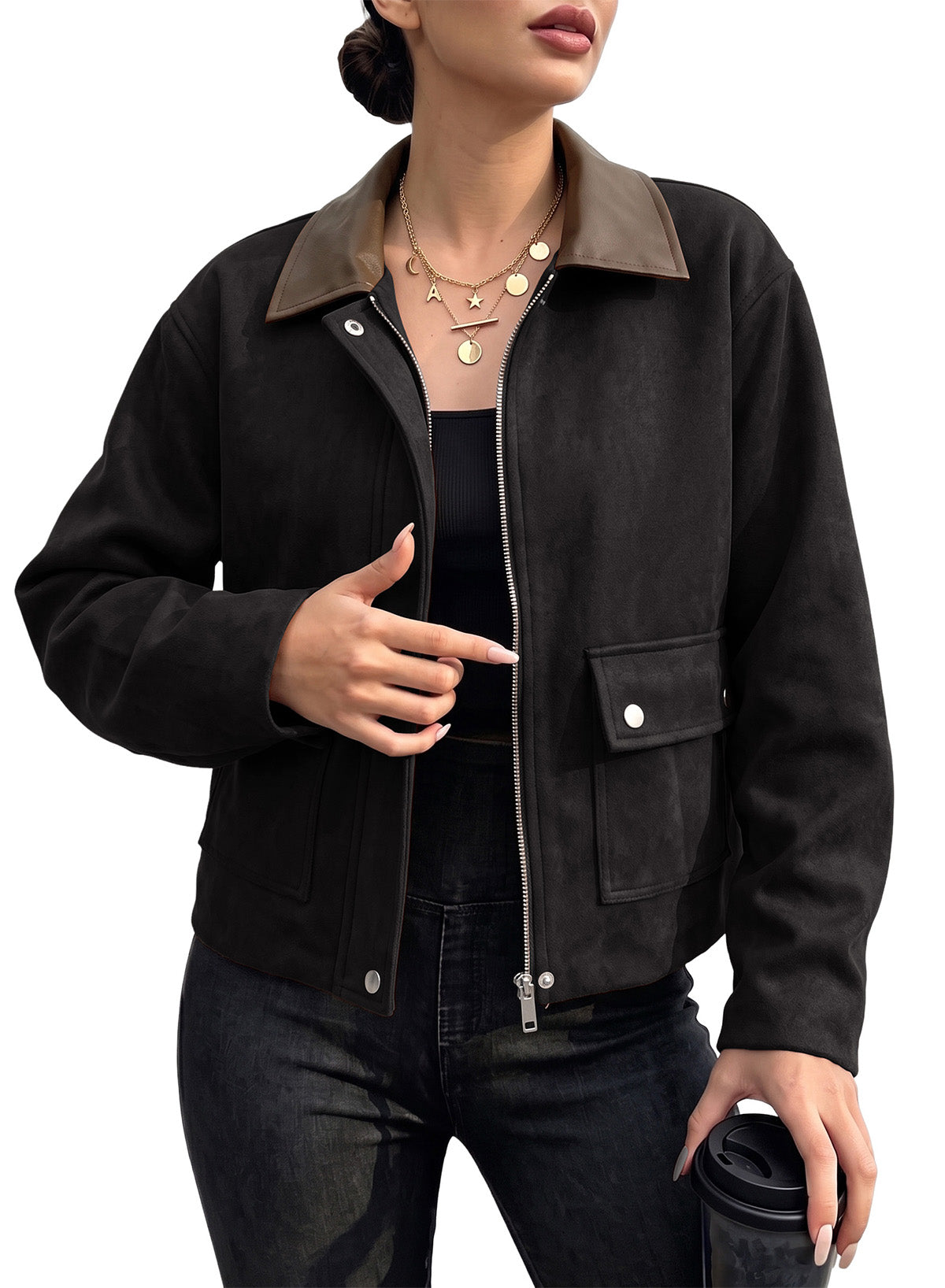 Dokotoo Womens Cropped Jacket 2026 Fall Collar Zip Button Coat with Pockets
