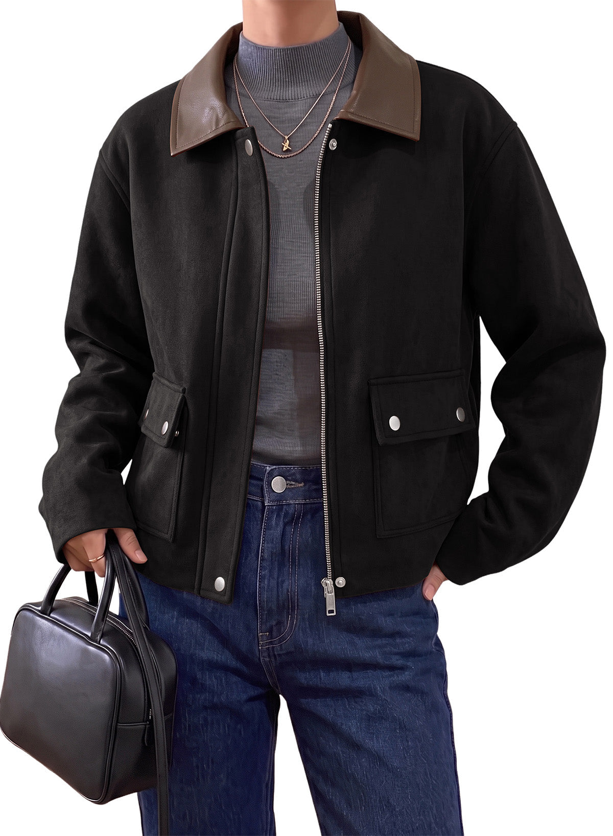 Dokotoo Womens Cropped Jacket 2026 Fall Collar Zip Button Coat with Pockets