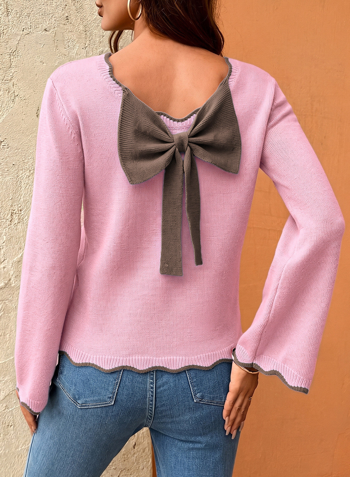 Sweaters for Women Long Sleeve Back Bow Sweaters Fall Pullover Tops