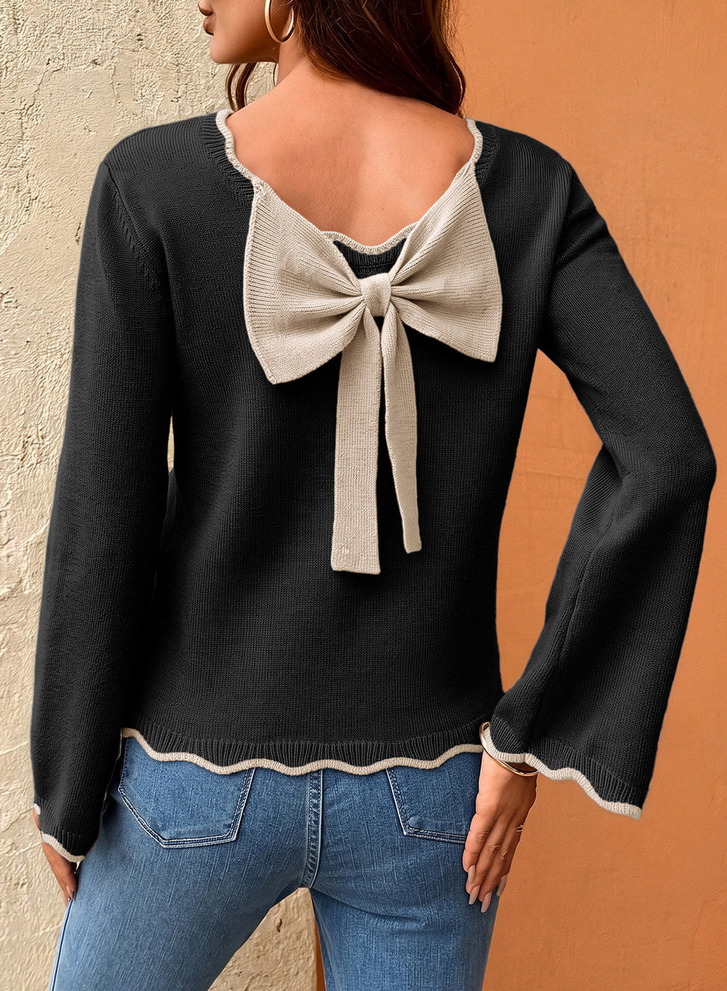 Sweaters for Women Long Sleeve Back Bow Sweaters Fall Pullover Tops