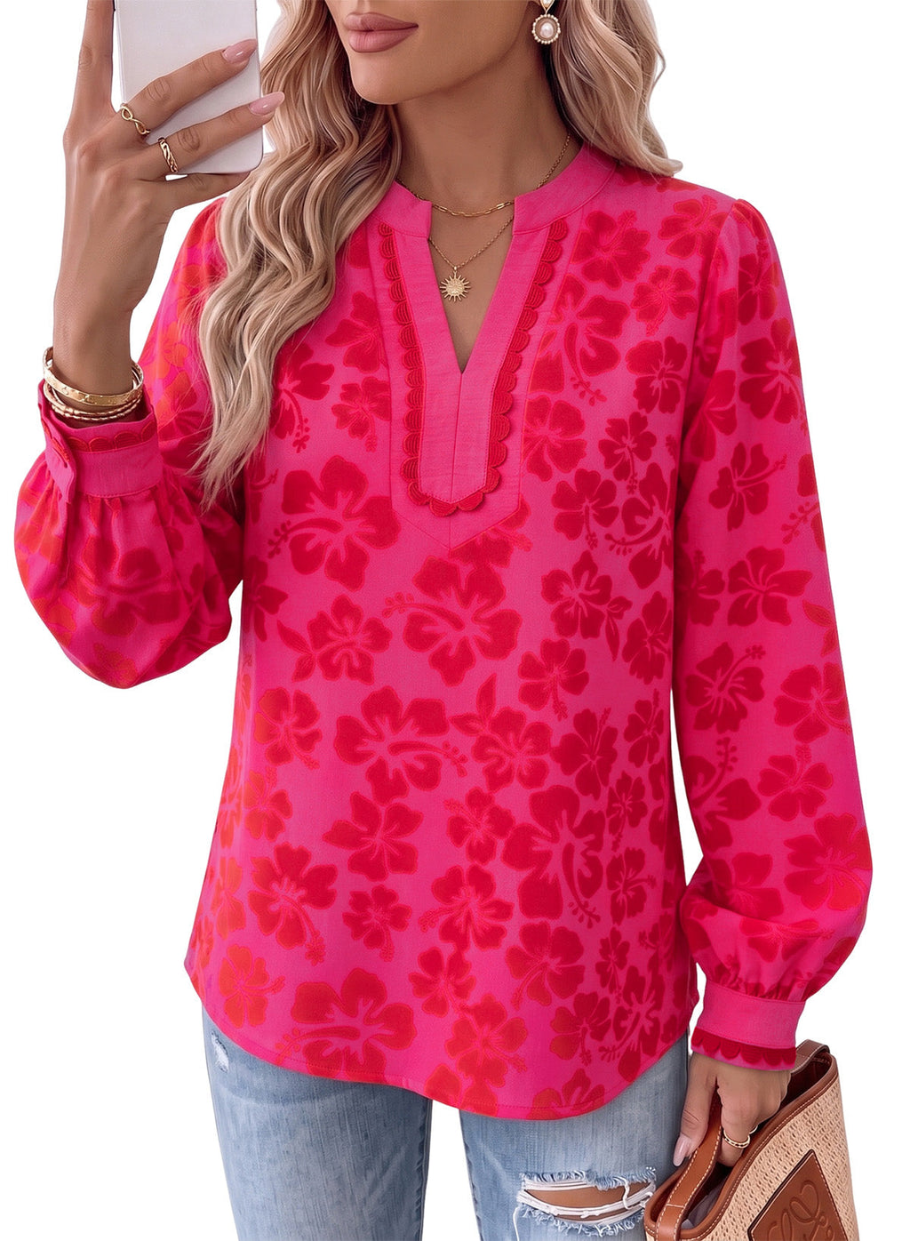 Dokotoo Womens Tops V Neck Long Sleeve Shirts Boho Trim Casual Blouses