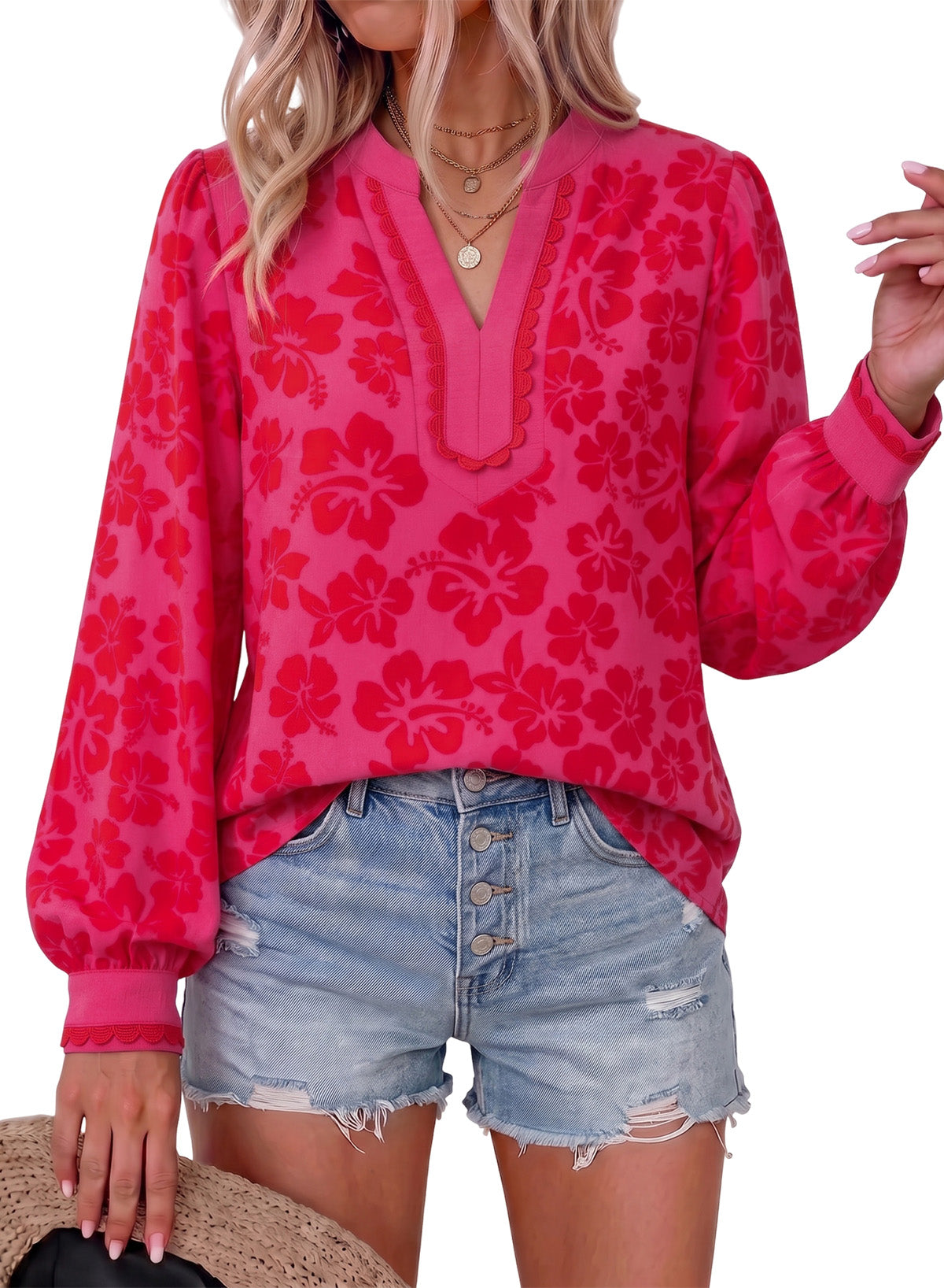 Dokotoo Womens Tops V Neck Long Sleeve Shirts Boho Trim Casual Blouses