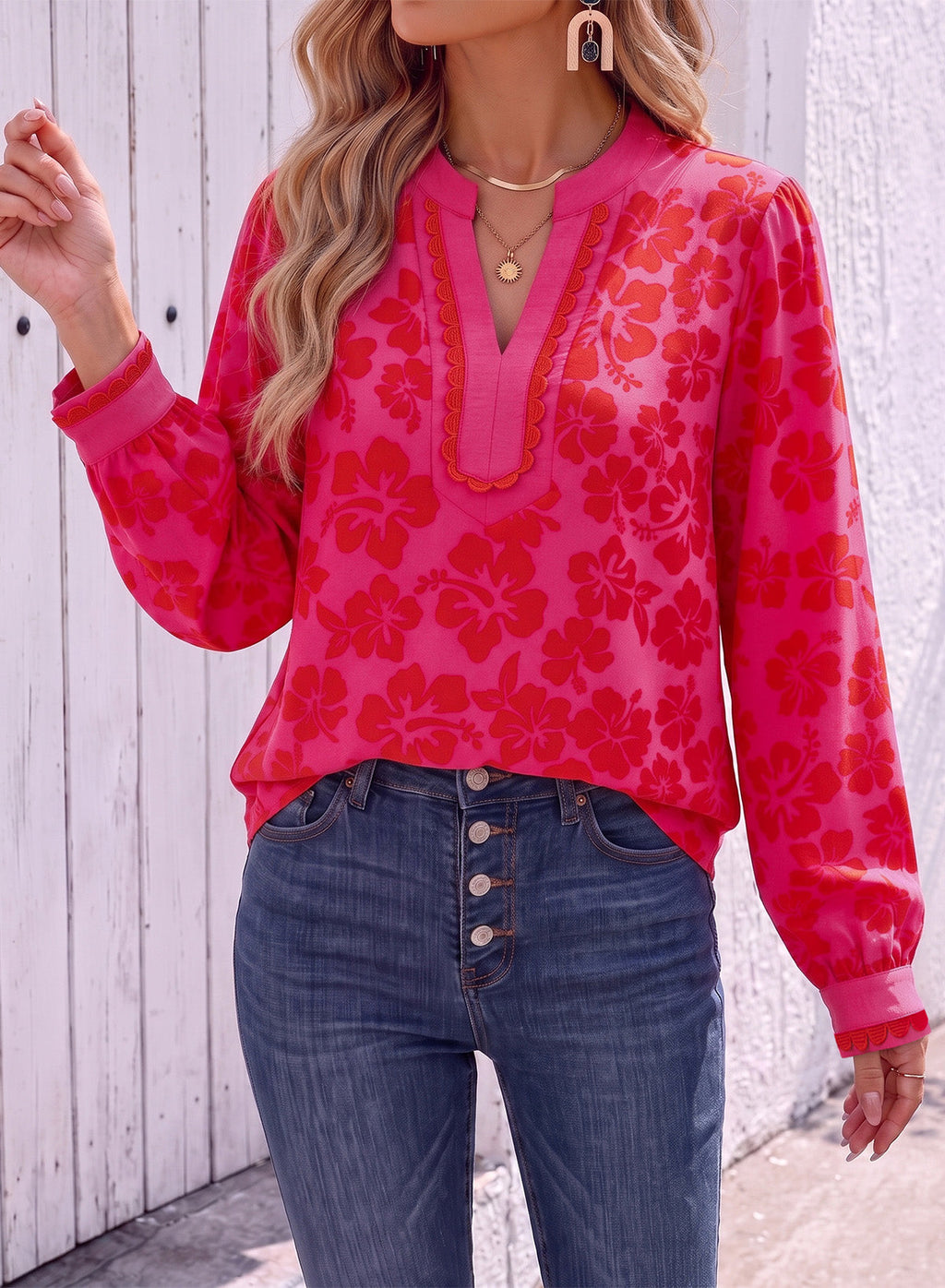 Dokotoo Womens Tops V Neck Long Sleeve Shirts Boho Trim Casual Blouses