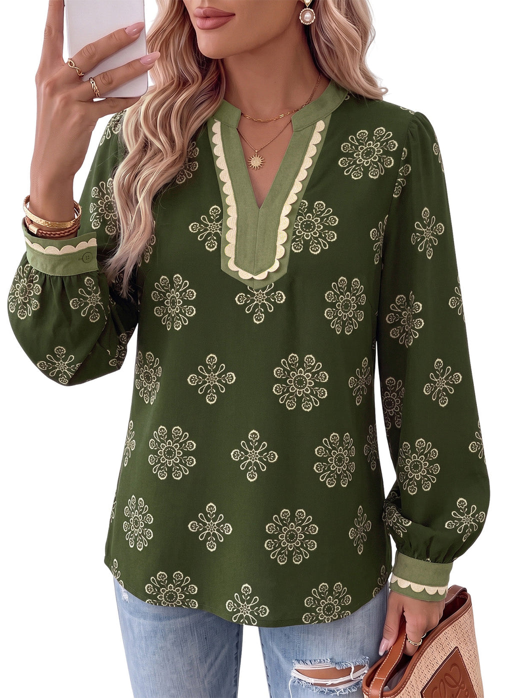 Dokotoo Womens Tops V Neck Long Sleeve Shirts Boho Trim Casual Blouses