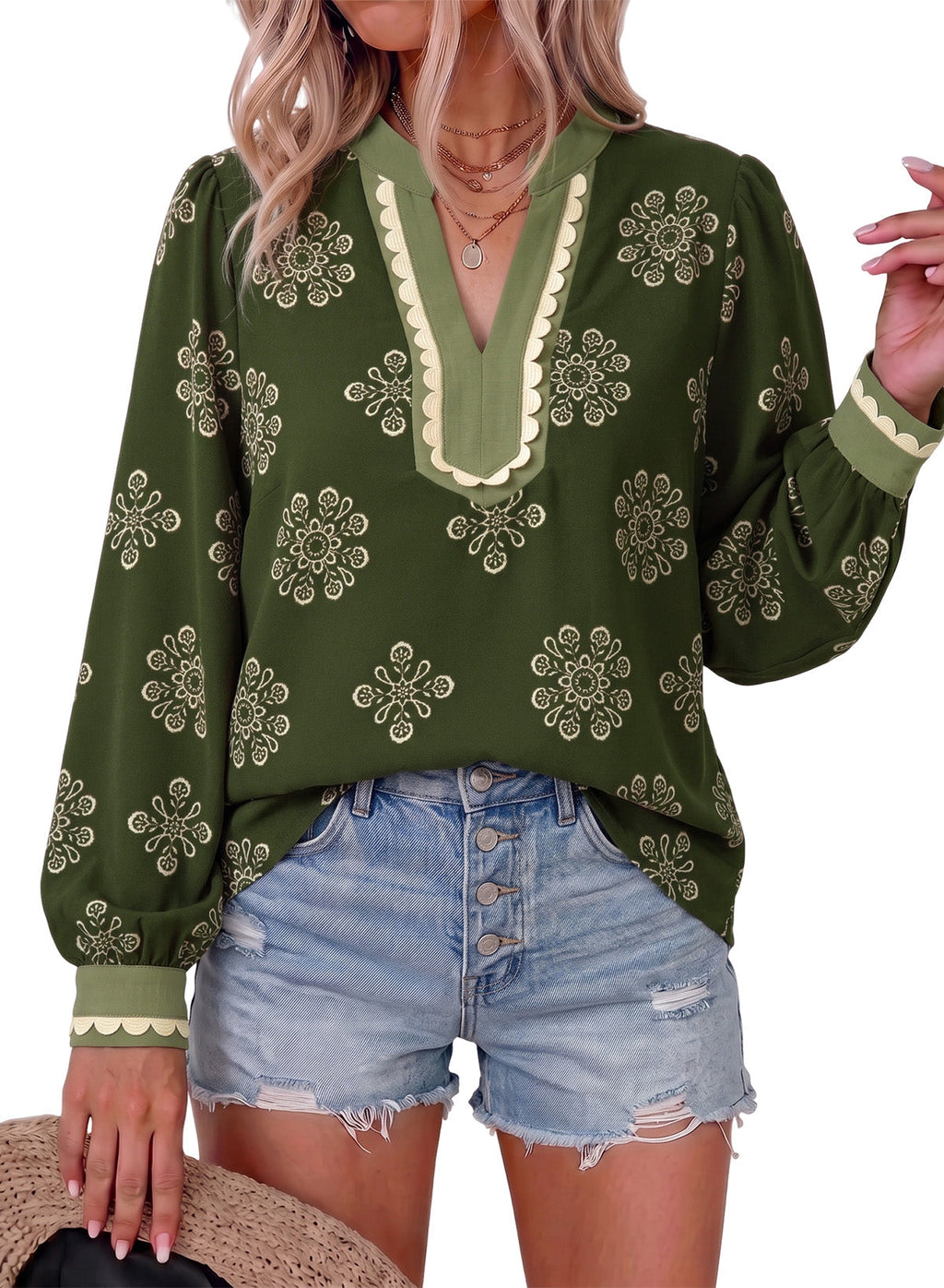 Dokotoo Womens Tops V Neck Long Sleeve Shirts Boho Trim Casual Blouses