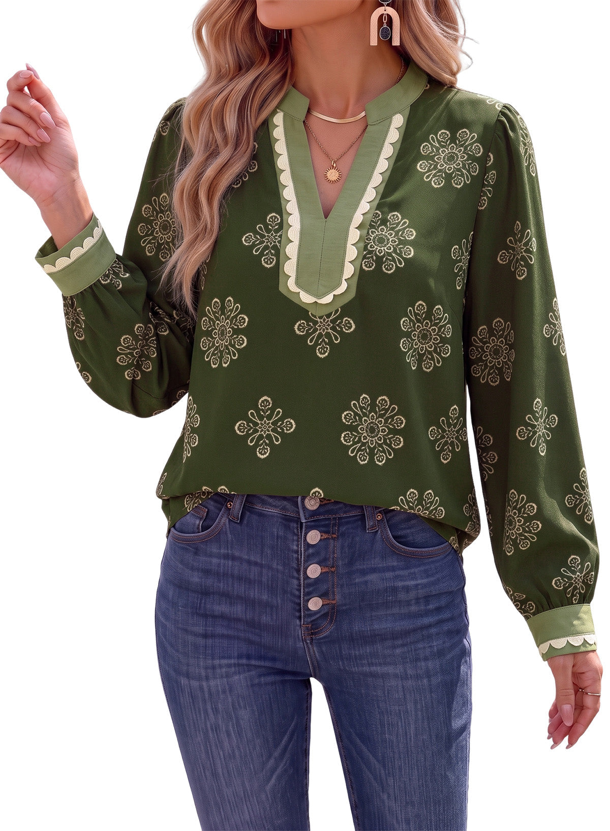 Dokotoo Womens Tops V Neck Long Sleeve Shirts Boho Trim Casual Blouses