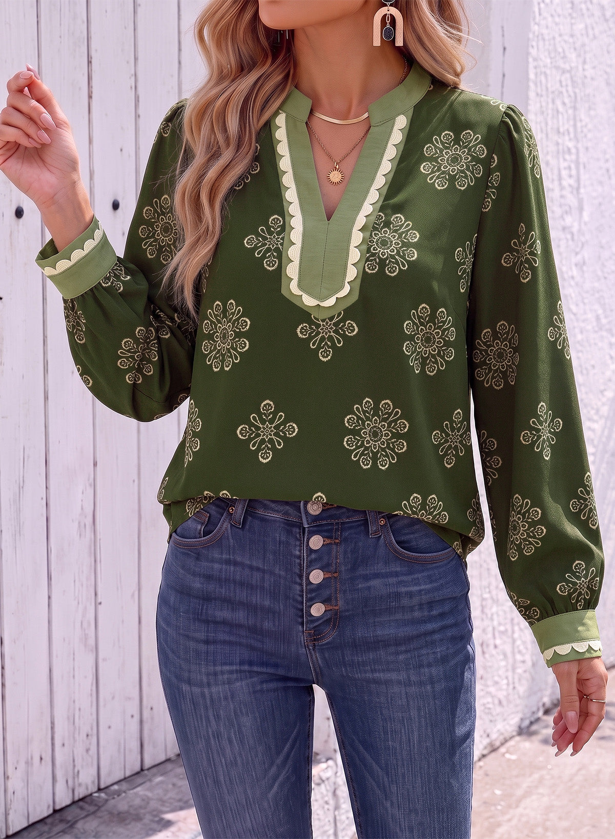 Dokotoo Womens Tops V Neck Long Sleeve Shirts Boho Trim Casual Blouses