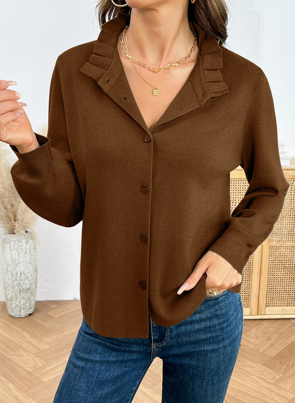 Dokotoo Cardigan Sweaters for Women Long Sleeve Stand Collar Ruffle Button Down Cardigans