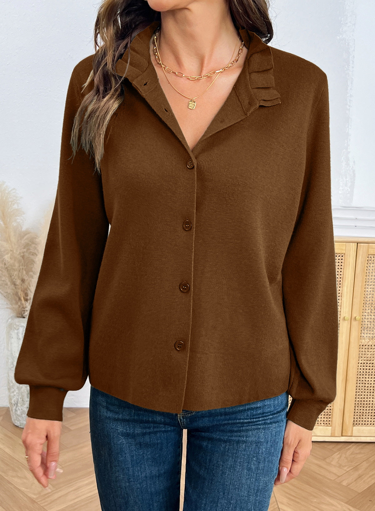 Dokotoo Cardigan Sweaters for Women Long Sleeve Stand Collar Ruffle Button Down Cardigans