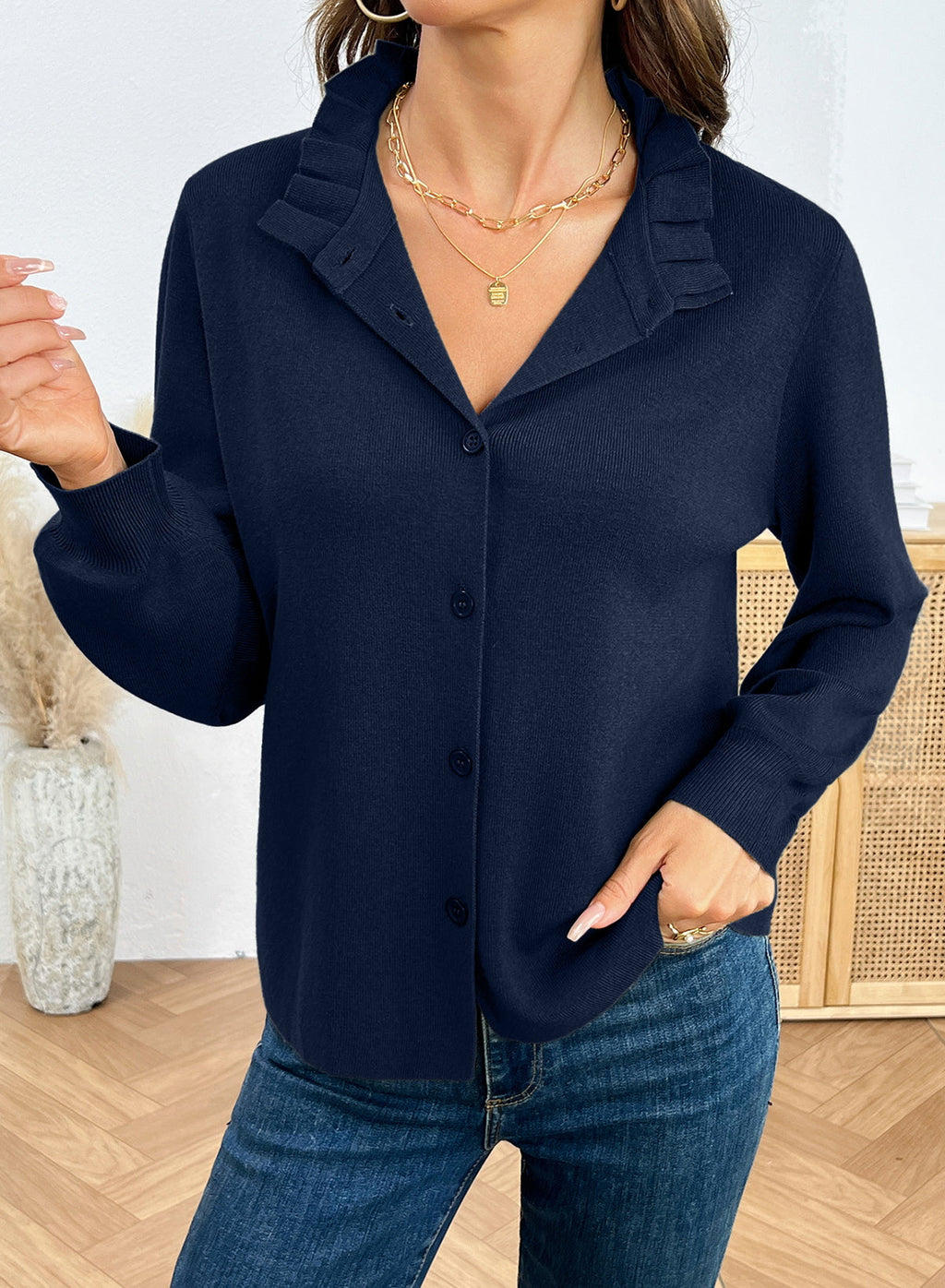 Dokotoo Cardigan Sweaters for Women Long Sleeve Stand Collar Ruffle Button Down Cardigans