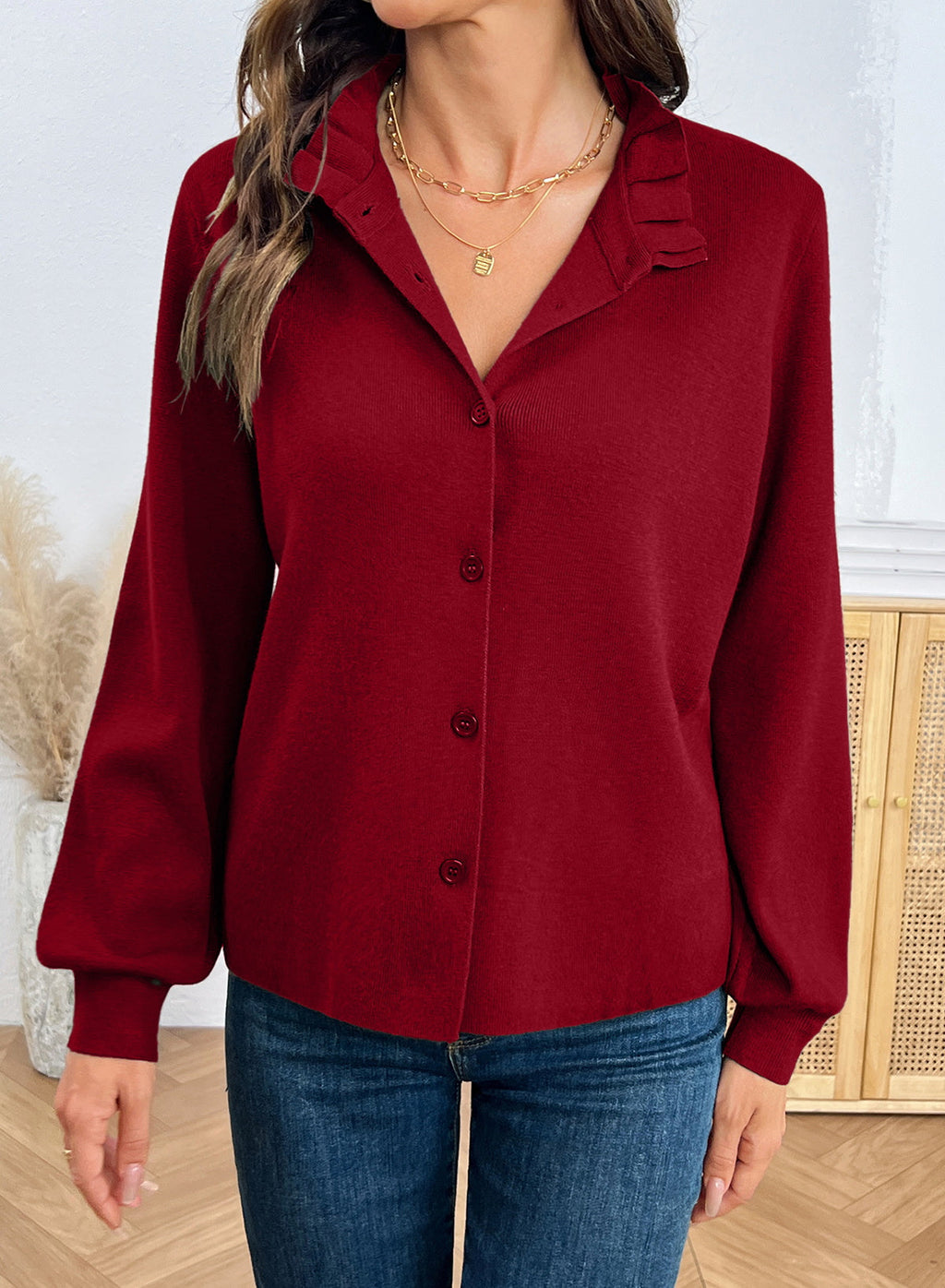 Dokotoo Cardigan Sweaters for Women Long Sleeve Stand Collar Ruffle Button Down Cardigans