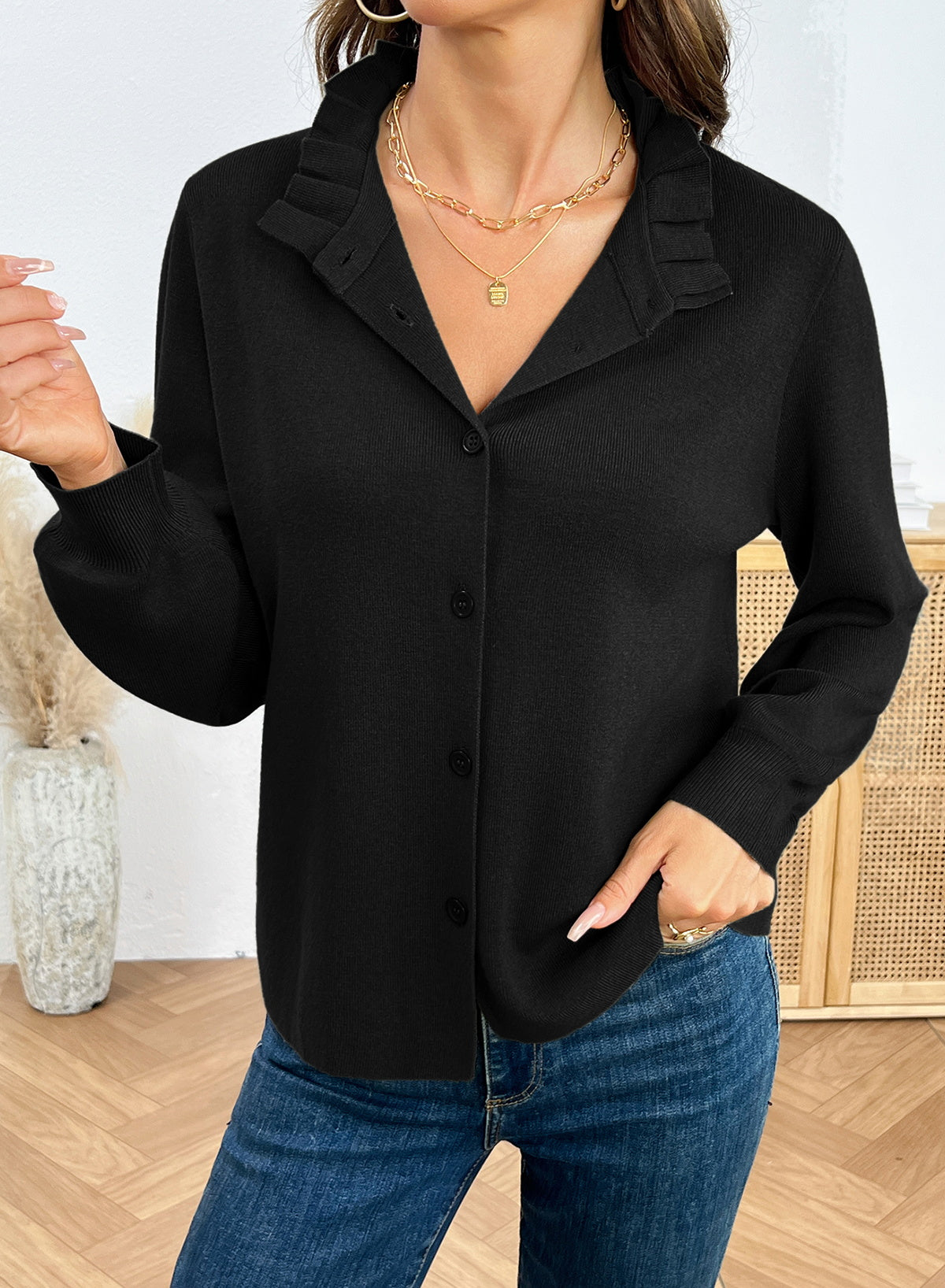 Dokotoo Cardigan Sweaters for Women Long Sleeve Stand Collar Ruffle Button Down Cardigans