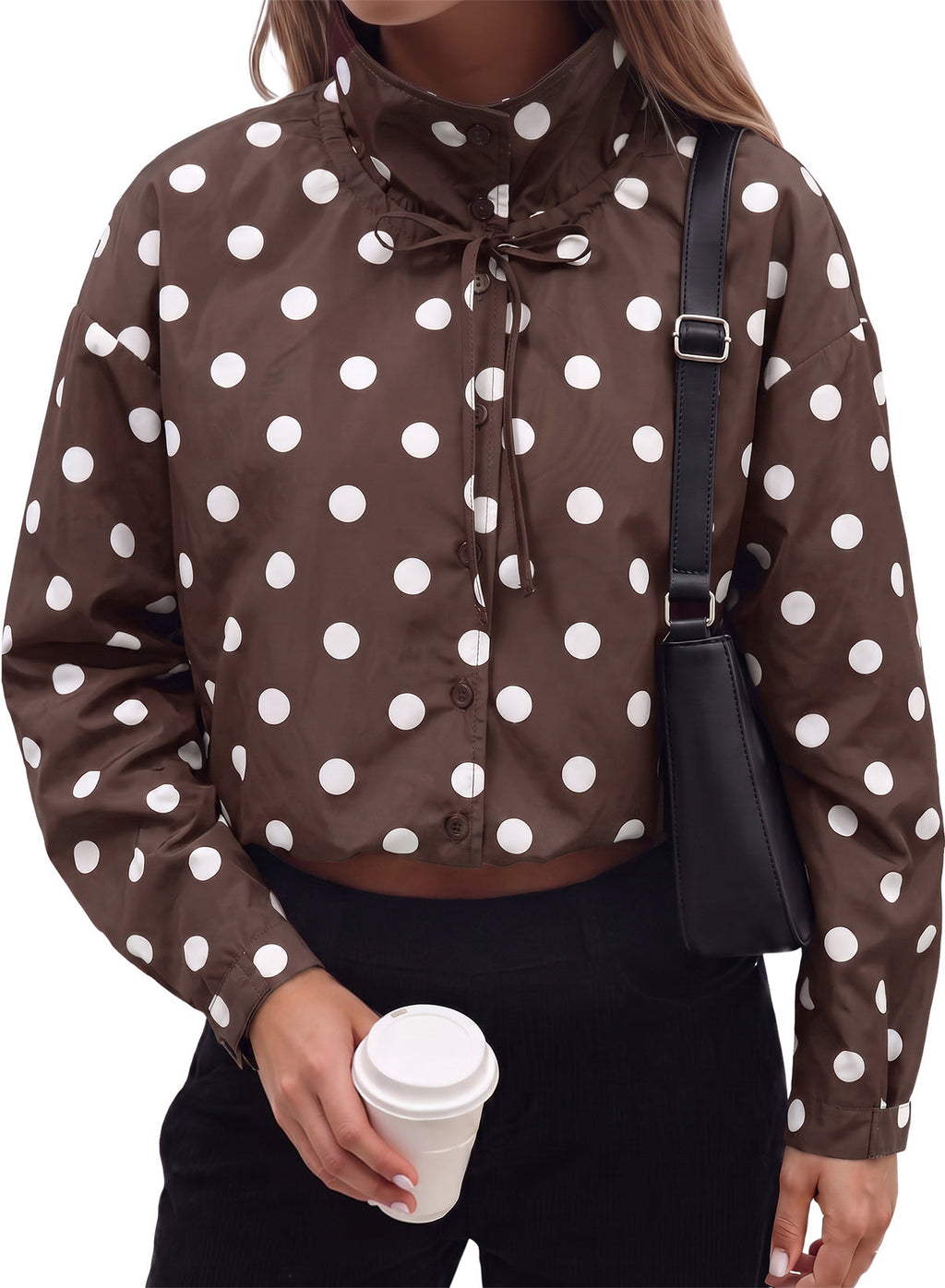 Dokotoo Womens Cropped Jacket Drawstring Zip Up Polka Dot Oversized Coats