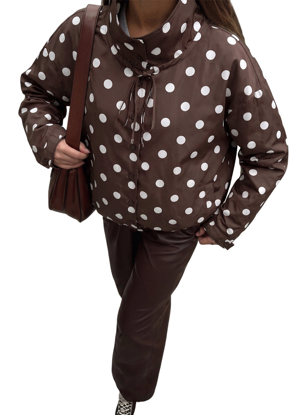 Dokotoo Womens Cropped Jacket Drawstring Zip Up Polka Dot Oversized Coats