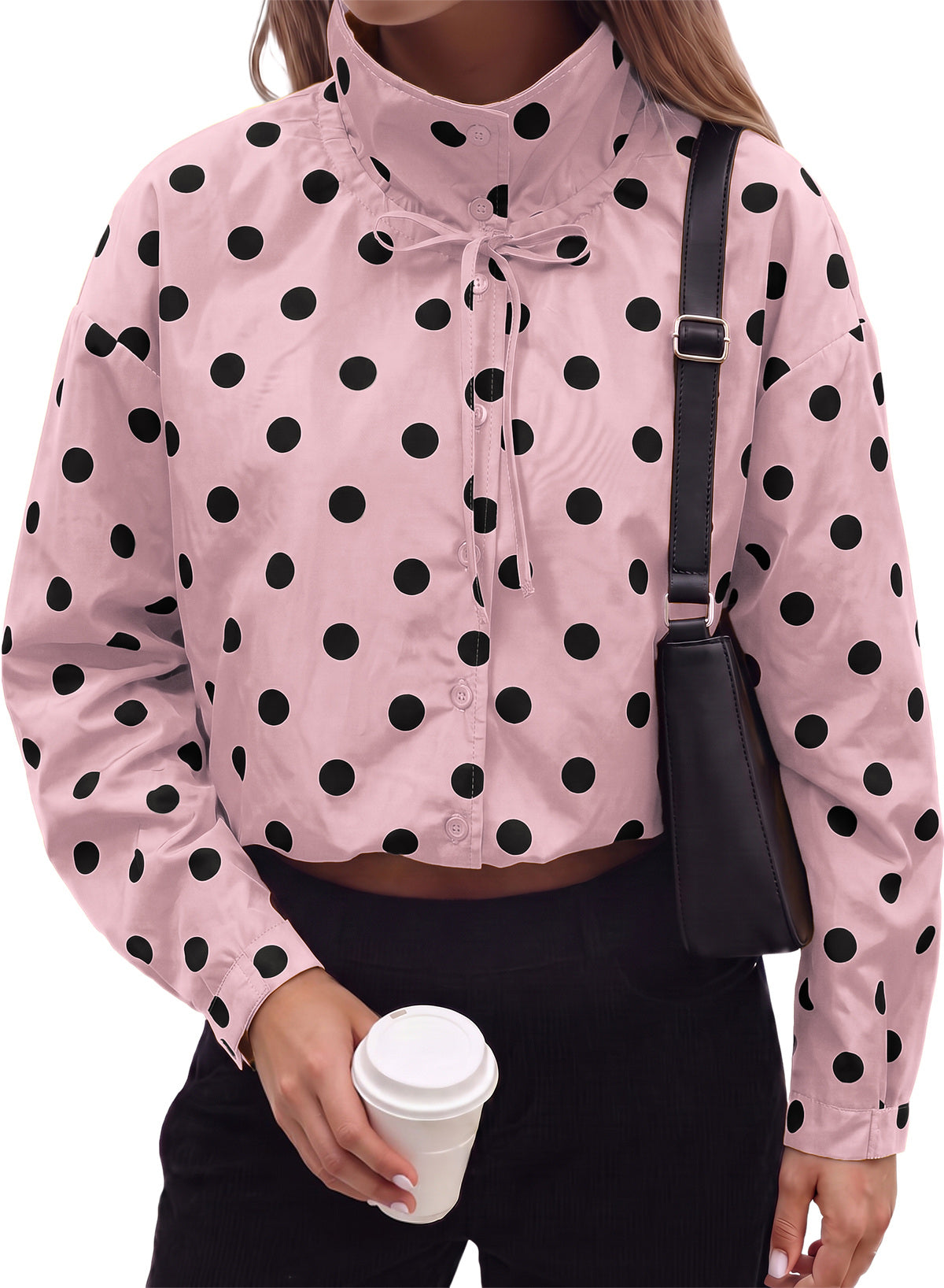 Dokotoo Womens Cropped Jacket Drawstring Zip Up Polka Dot Oversized Coats
