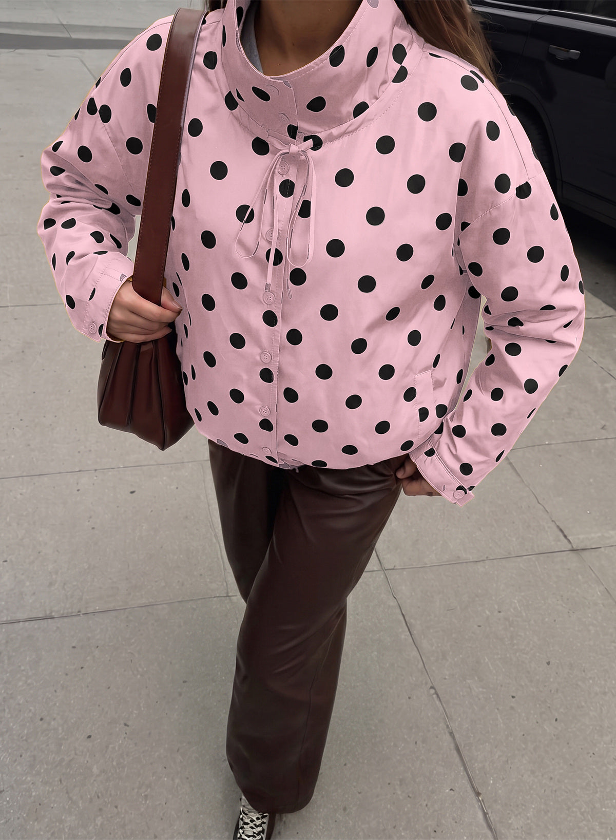 Dokotoo Womens Cropped Jacket Drawstring Zip Up Polka Dot Oversized Coats