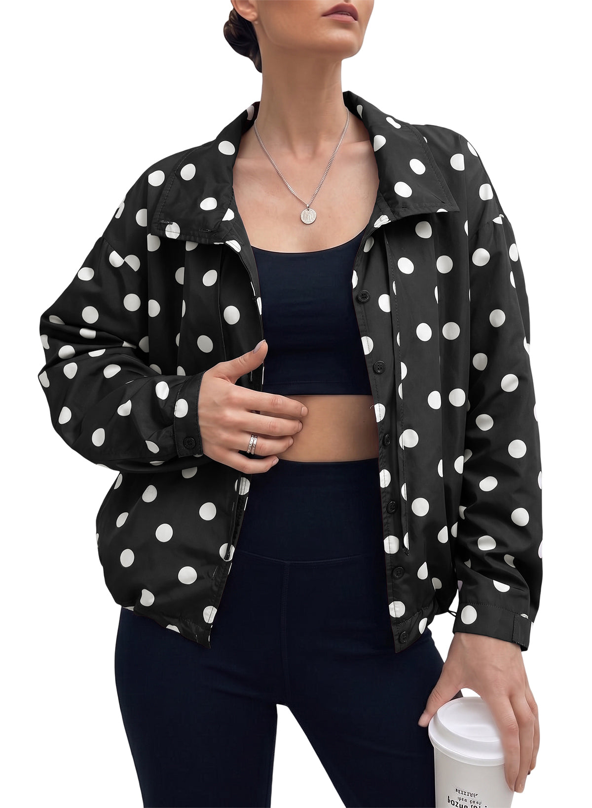 Dokotoo Womens Cropped Jacket Drawstring Zip Up Polka Dot Oversized Coats