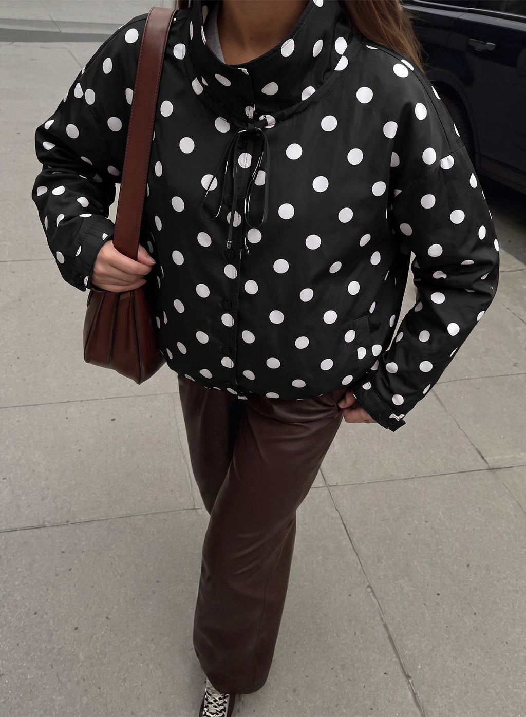 Dokotoo Womens Cropped Jacket Drawstring Zip Up Polka Dot Oversized Coats