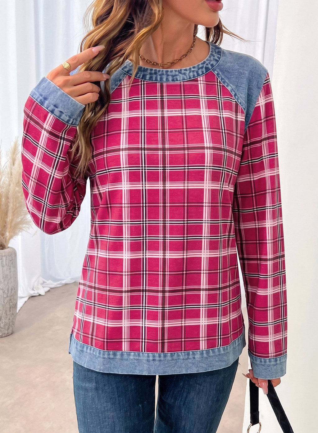 Women's Patchwork Patch Round Neck Long Sleeve Casual Loose T-Shirt