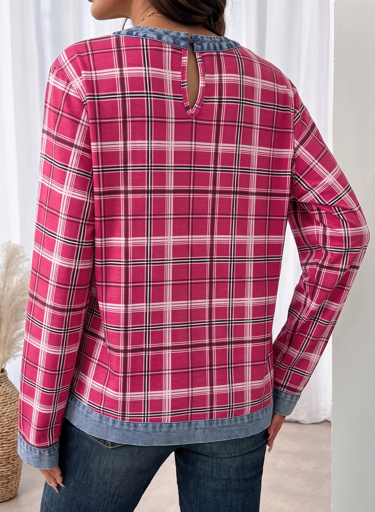 Women's Patchwork Patch Round Neck Long Sleeve Casual Loose T-Shirt
