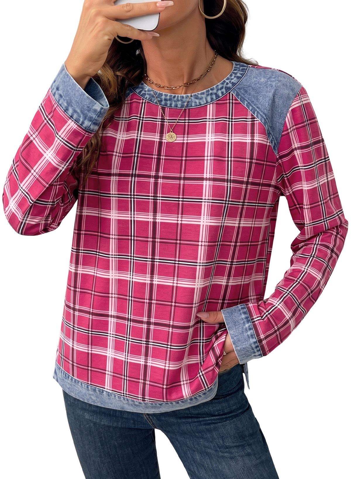 Women's Patchwork Patch Round Neck Long Sleeve Casual Loose T-Shirt