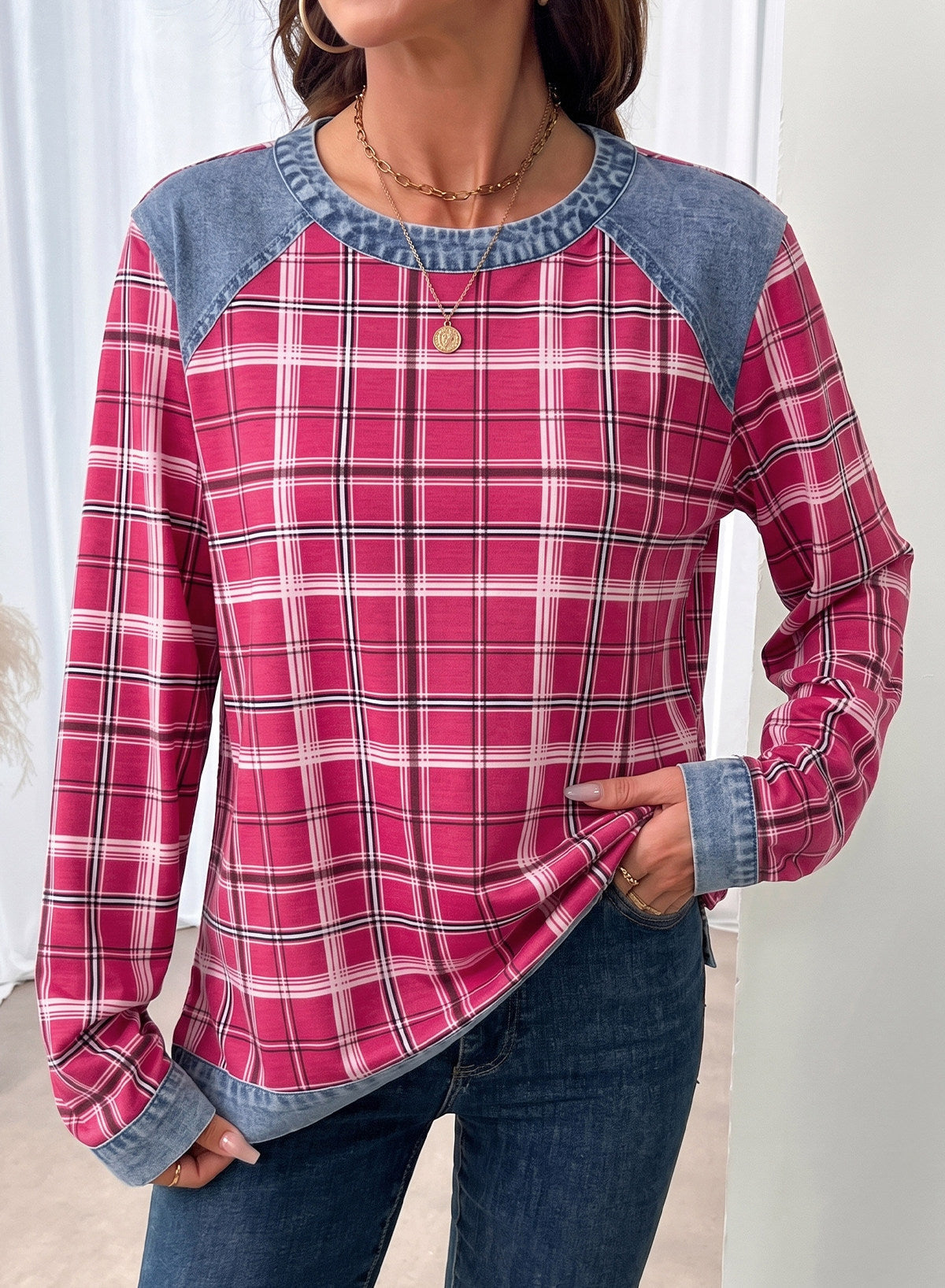 Women's Patchwork Patch Round Neck Long Sleeve Casual Loose T-Shirt