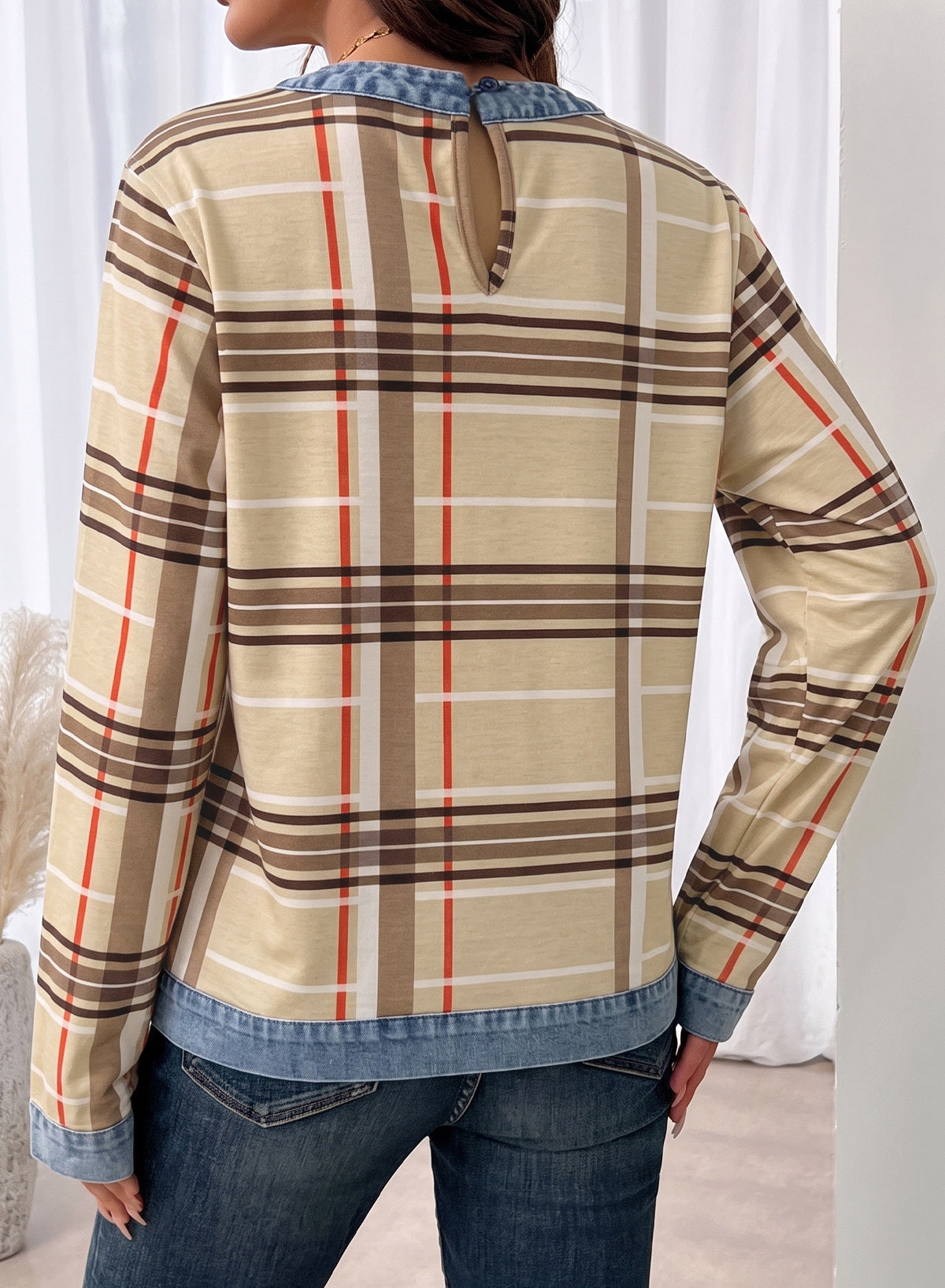 Women's Patchwork Patch Round Neck Long Sleeve Casual Loose T-Shirt