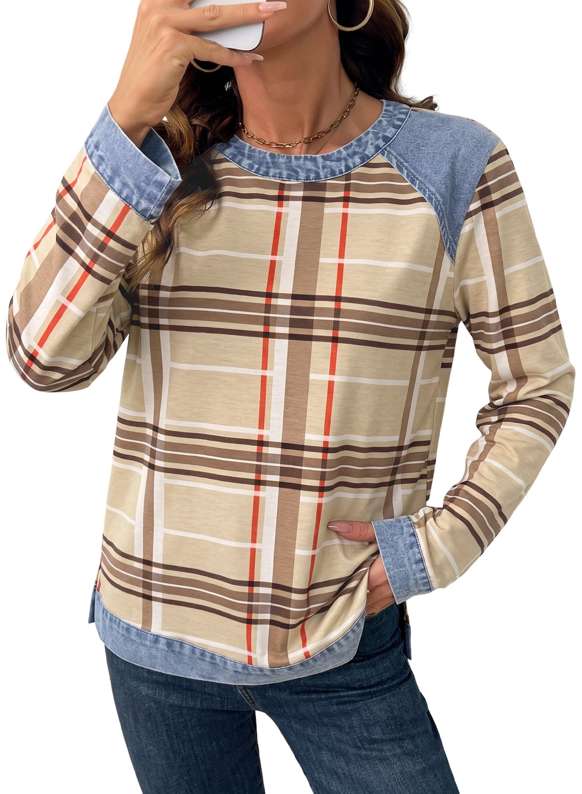 Women's Patchwork Patch Round Neck Long Sleeve Casual Loose T-Shirt