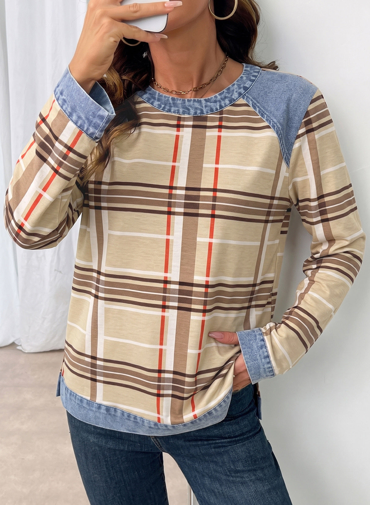 Women's Patchwork Patch Round Neck Long Sleeve Casual Loose T-Shirt