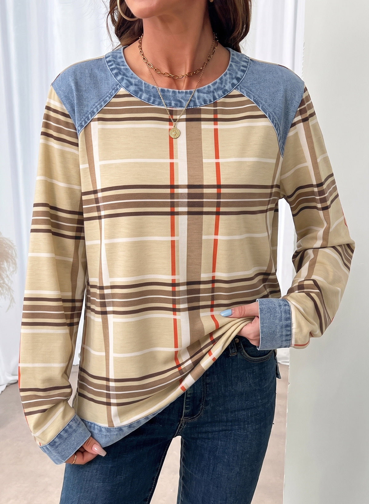Women's Patchwork Patch Round Neck Long Sleeve Casual Loose T-Shirt