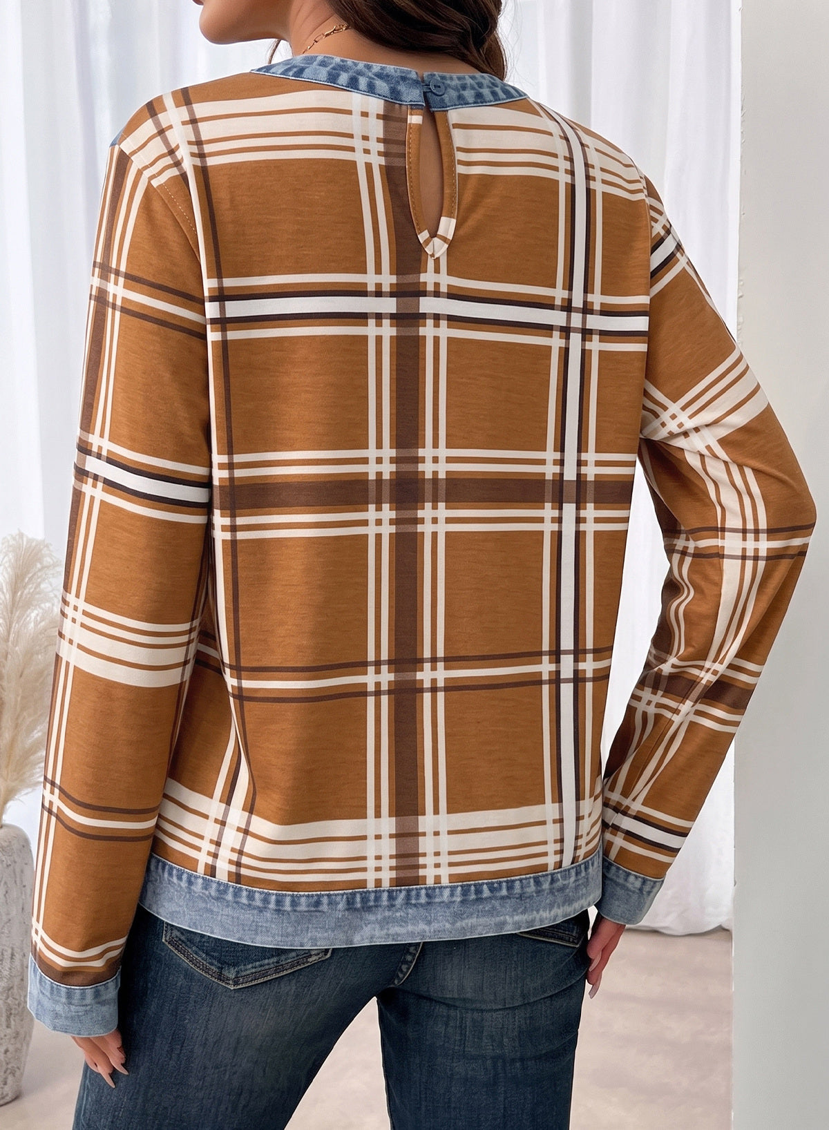 Women's Patchwork Patch Round Neck Long Sleeve Casual Loose T-Shirt