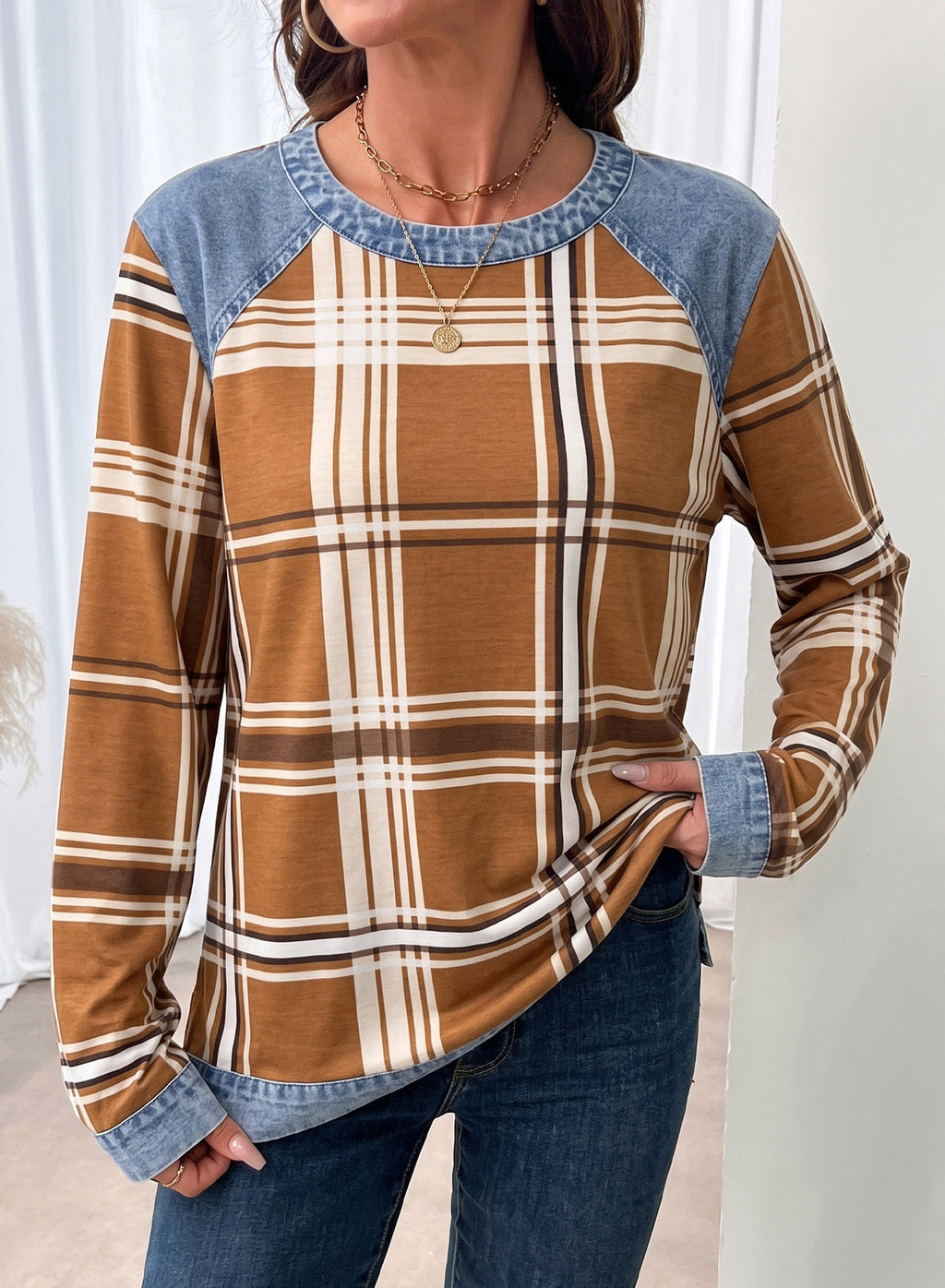 Women's Patchwork Patch Round Neck Long Sleeve Casual Loose T-Shirt