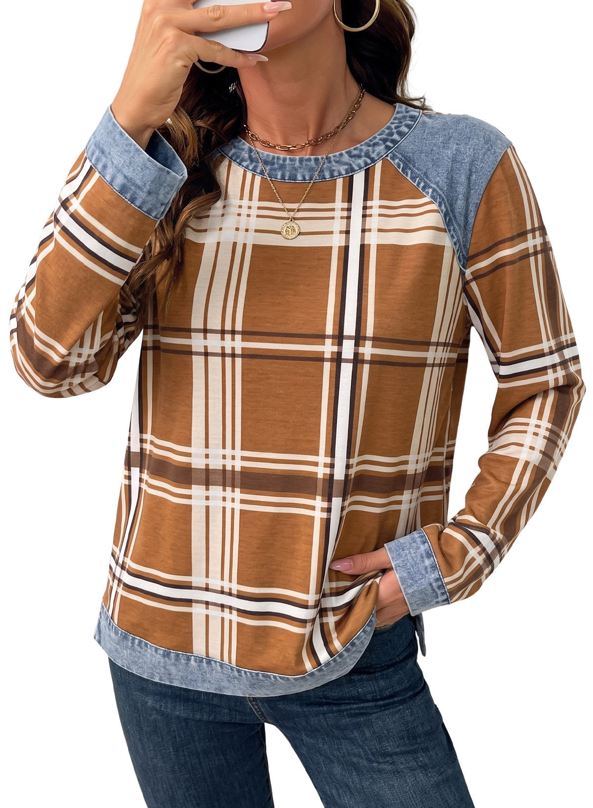 Women's Patchwork Patch Round Neck Long Sleeve Casual Loose T-Shirt