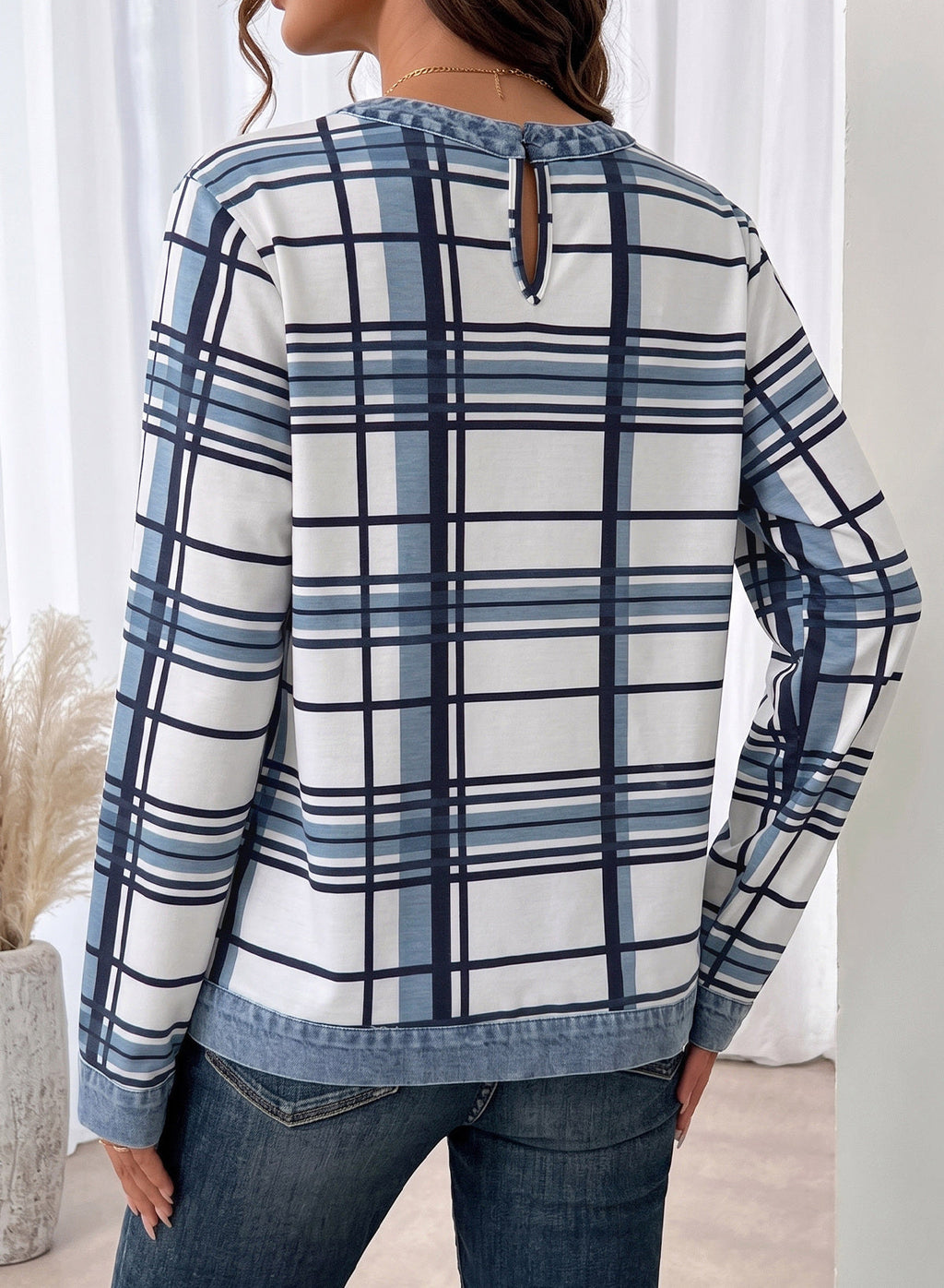 Women's Patchwork Patch Round Neck Long Sleeve Casual Loose T-Shirt