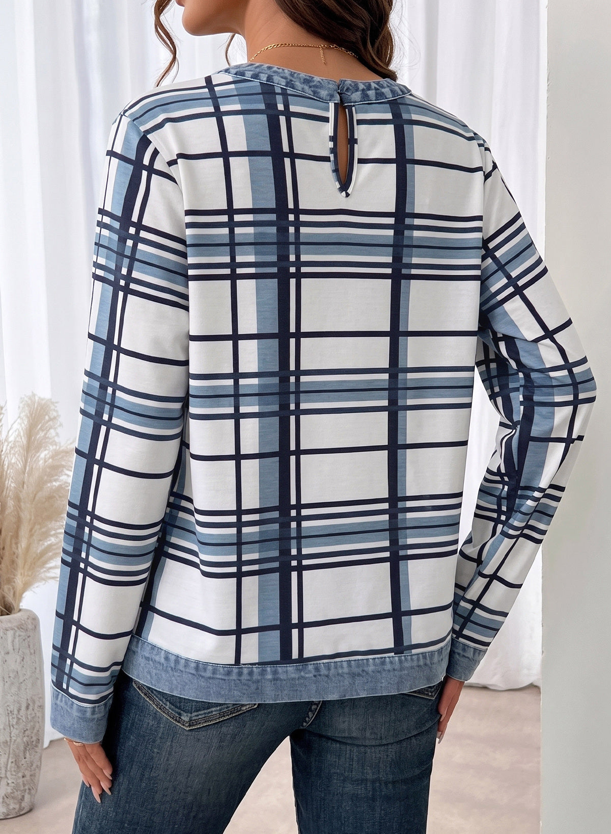 Women's Patchwork Patch Round Neck Long Sleeve Casual Loose T-Shirt