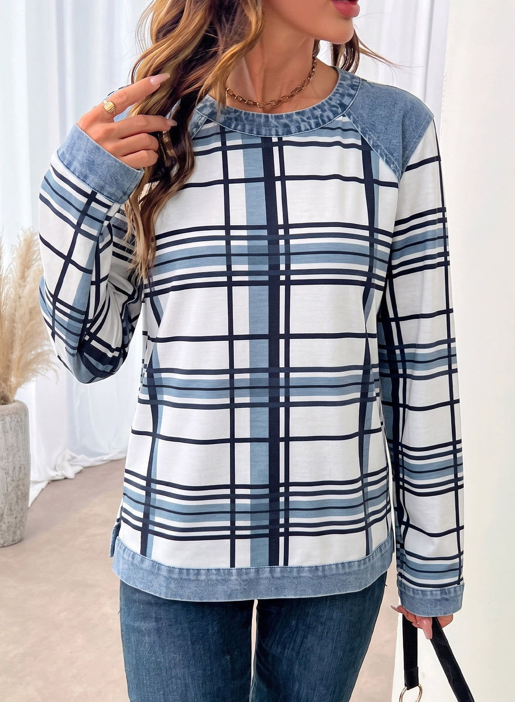Women's Patchwork Patch Round Neck Long Sleeve Casual Loose T-Shirt