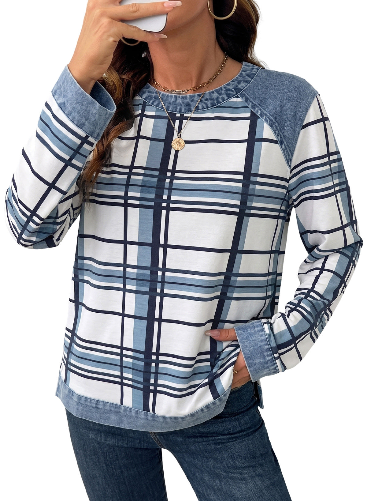 Women's Patchwork Patch Round Neck Long Sleeve Casual Loose T-Shirt