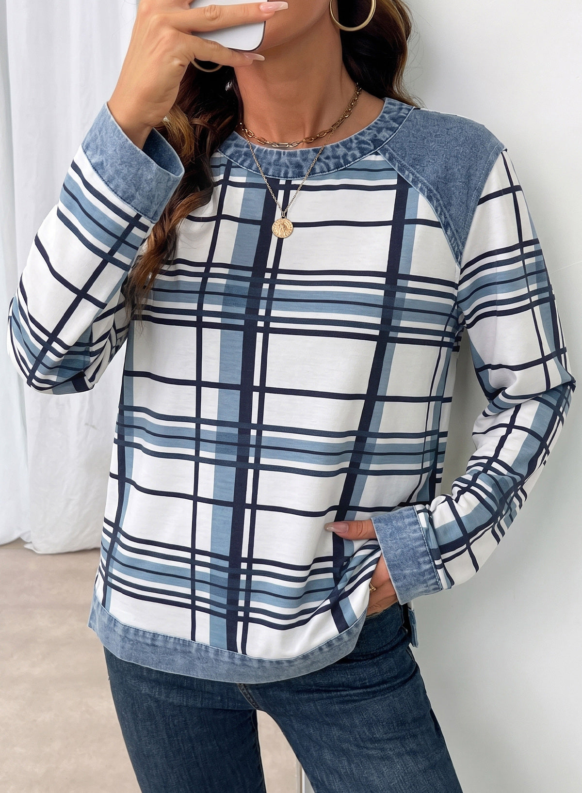 Women's Patchwork Patch Round Neck Long Sleeve Casual Loose T-Shirt