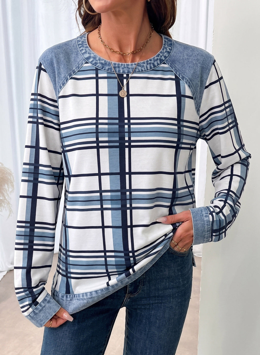 Women's Patchwork Patch Round Neck Long Sleeve Casual Loose T-Shirt