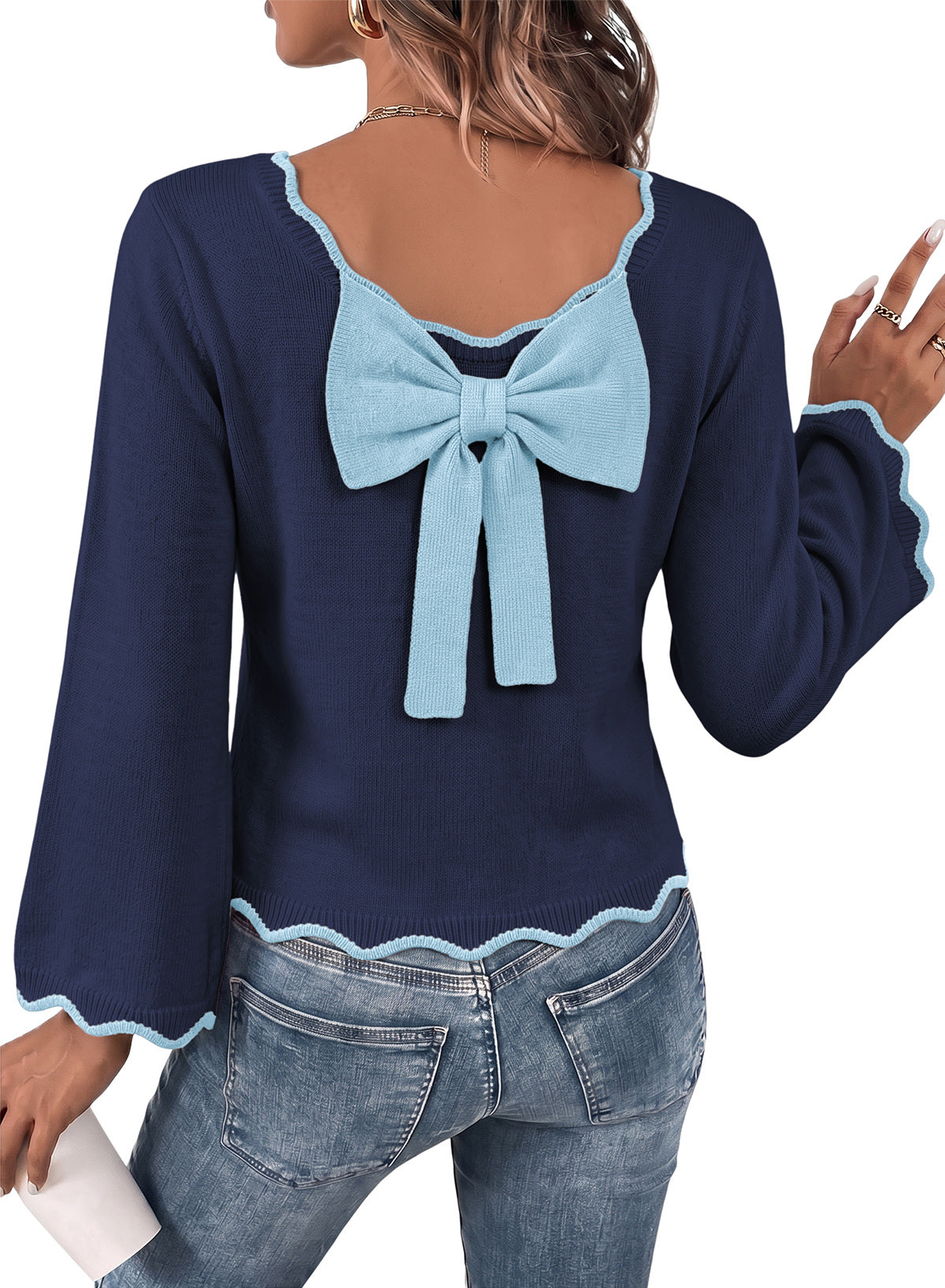 Sweaters for Women Long Sleeve Back Bow Sweaters Fall Pullover Tops