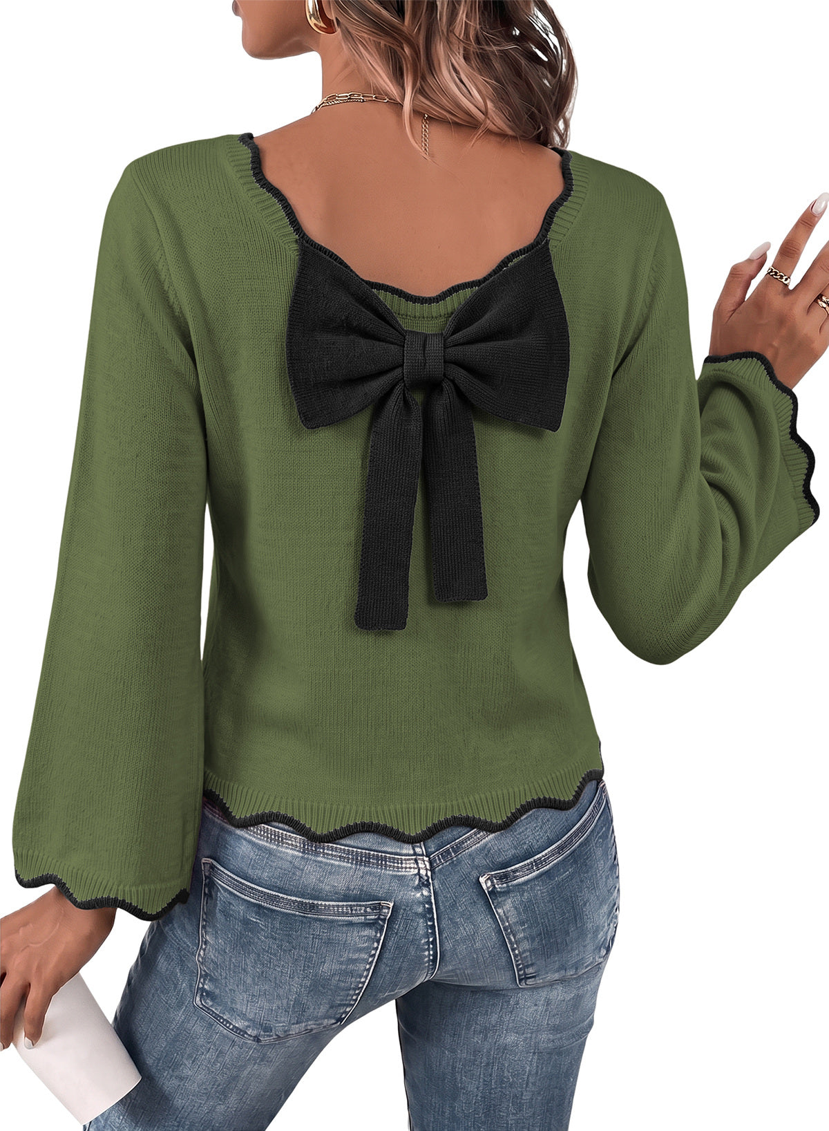 Sweaters for Women Long Sleeve Back Bow Sweaters Fall Pullover Tops